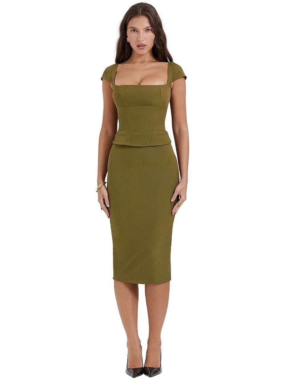 House of CB Olive Green Square-Neck Midi Dress